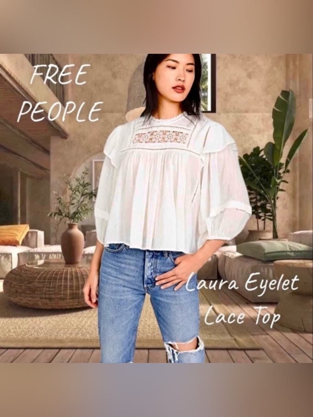 FREE People Laura Eyelet Lace Boho Top XL